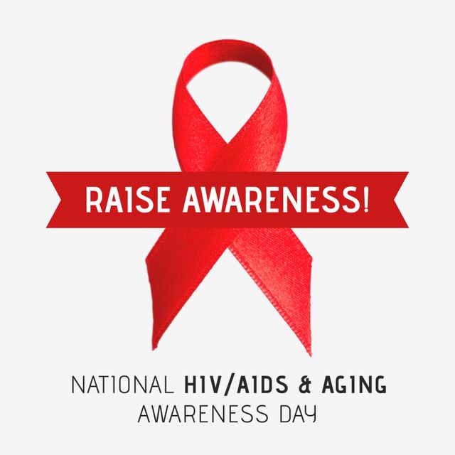 Illustration of red aids ribbon, national hiv aids and aging awareness day and raise awareness text. Copy space, white background, hiv, disease, sit, sexual, support, healthcare and alertness.