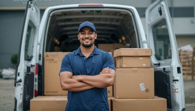 Smiling delivery driver standing with arms crossed beside white van and stacked boxes
