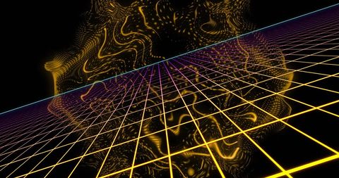 Futuristic Neon Grid Over Light Trail Waves