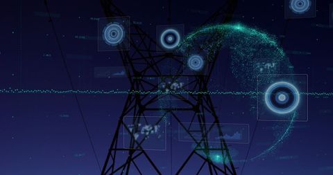 Futuristic Digital Interface with Electric Pylon at Night