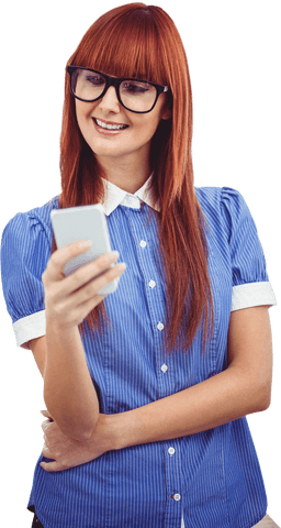 Smiling Woman with Red Hair Using Smartphone in Office on Transparent Background
