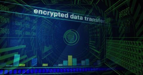 Encrypted data transfer hud in futuristic neon cyber tunnel with holographic interface