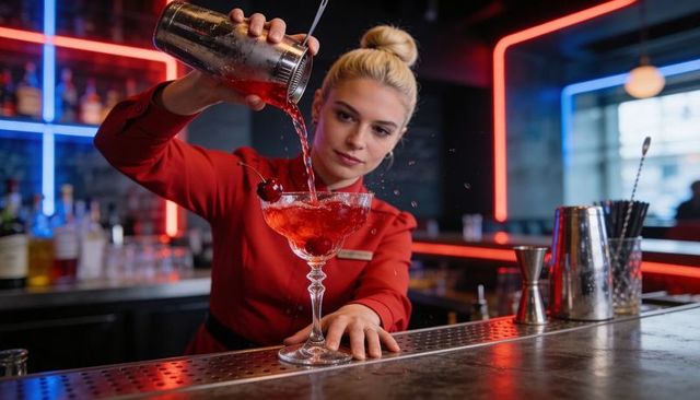 Female bartender pouring red cocktail into coupe glass in neon lounge bar ambience