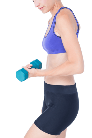 Woman in sportswear lifting dumbbell on transparent background