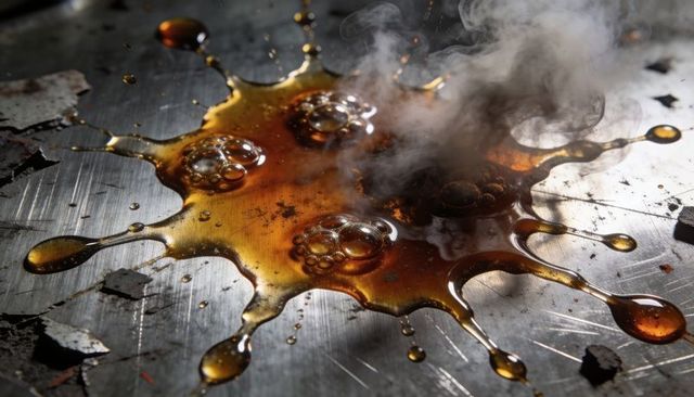 Bubbling amber syrup spreading on hot scratched metal surface, steam rising, glossy viscous spill