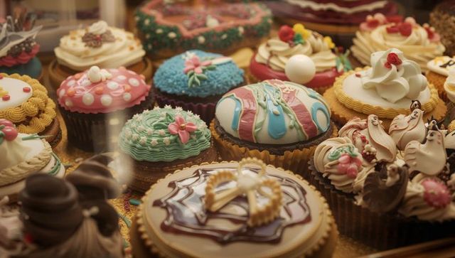 Displaying Assorted Iced Cupcakes and Decorated Cookies on Gold Trays in Glass Case