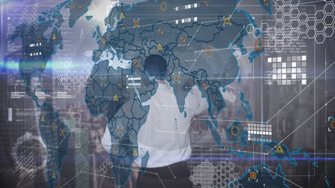 Businessman Interacting with Futuristic World Map Interface