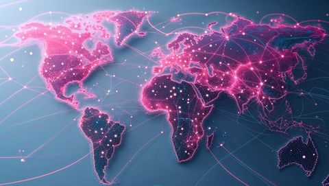 Futuristic digital world connectivity map with pink nodes