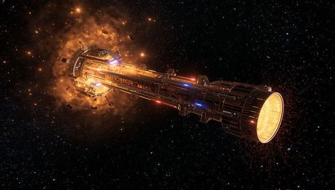Ribbed cylindrical starship emitting orange engine glow with debris and plasma trail