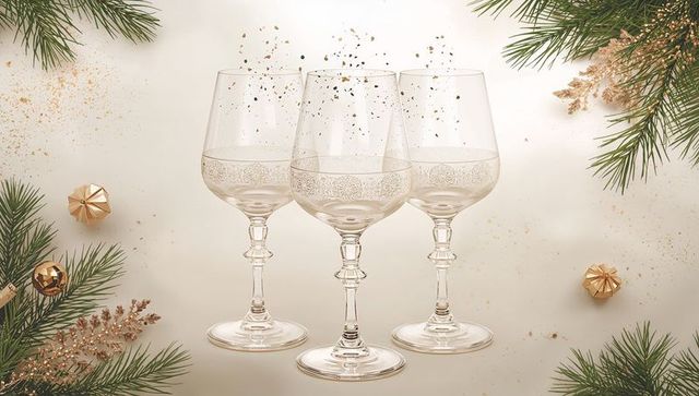 Etched crystal wine glasses trio with gold confetti and evergreen holiday table elegance