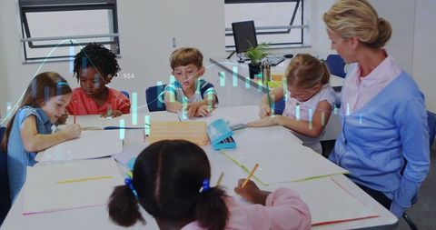 Elementary collaboration writing lesson teacher guiding diverse students in group