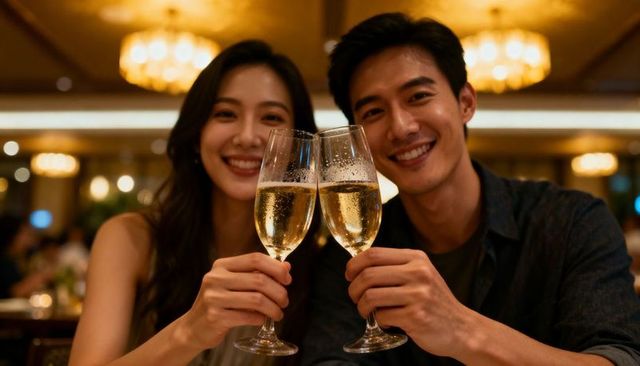 Smiling couple toasting with champagne flutes in intimate candlelit restaurant ambiance