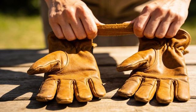 Putting on weathered leather work gloves on wooden bench in warm sunlight