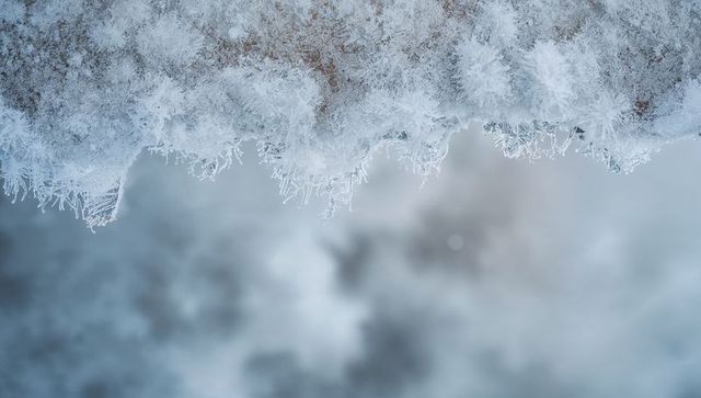 Hoarfrost edge glinting with ice needles macro winter closeup minimal frost texture