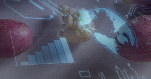 Holographic agritech dashboard over cauliflower floret with globe and data visualization