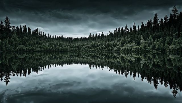 Moody conifer forest reflecting on glassy lake, panoramic mirror reflection and stillness