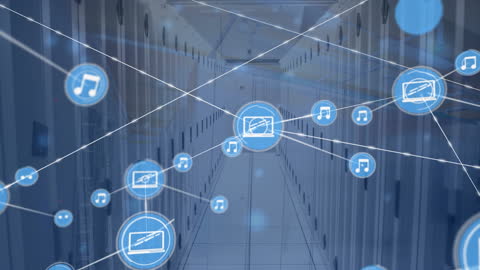 Music Notes Connecting Digital Icons in Server Room