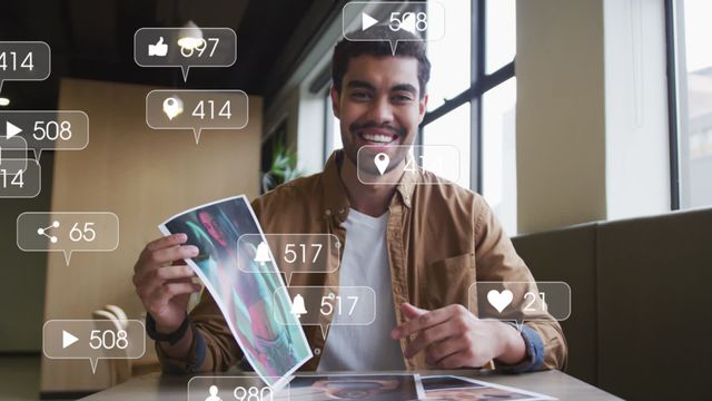 Midday at modern office, man reviews images enhanced with interactive social media icons representing likes and shares. Conveyor for illustrating digital marketing strategies, influencer analytics, and business strategies in online engagement tools. Ideal for prospects aiming to depict dynamics in online platforms and audience interaction scenes.