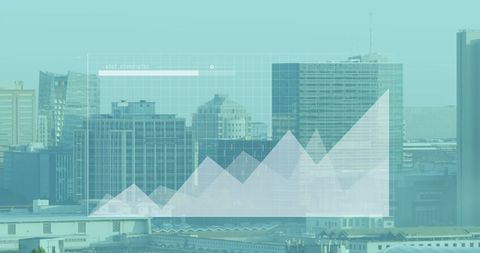Financial data analysis overlay on modern cityscape