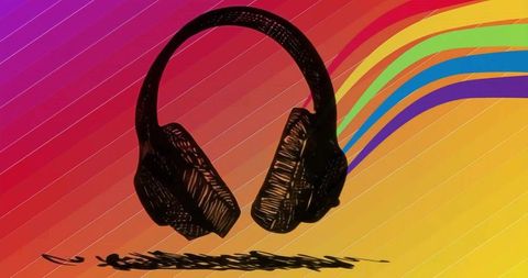 Scribble headphones on vibrant rainbow sound wave background