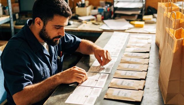 Warehouse worker applying barcode labels on mailer envelopes for small-batch fulfillment