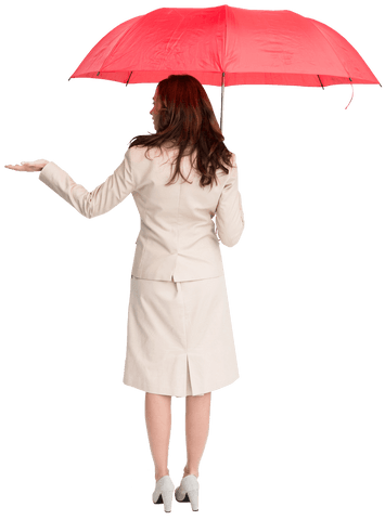 Caucasian Woman with Red Umbrella Standing on Transparent Background