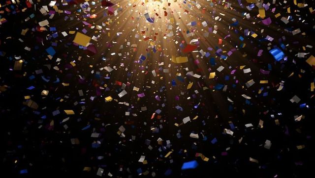Colorful Confetti Falling Under Vibrant Golden Spotlight