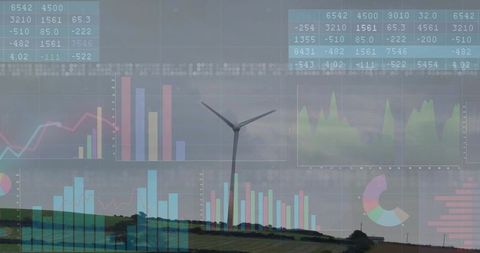 Wind turbine powering rural renewable energy landscape with digital data overlay