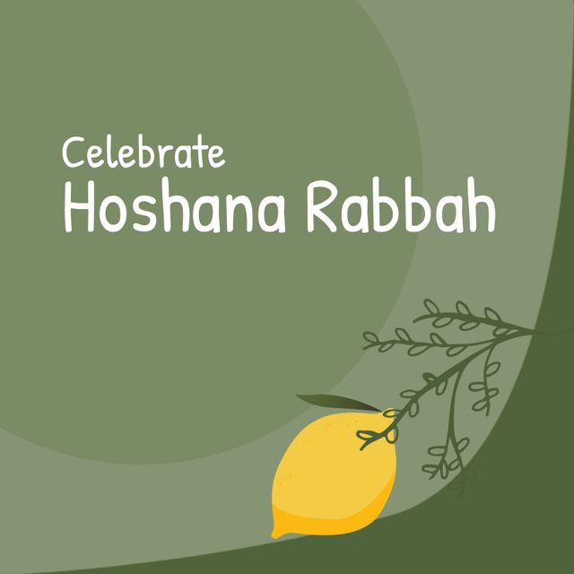 Illustration of celebrate hoshana rabbah text with lemon growing on tree against green background. Copy space, vector, citrus fruit, sukkoth, jewish, festival, holiday, tradition concept.