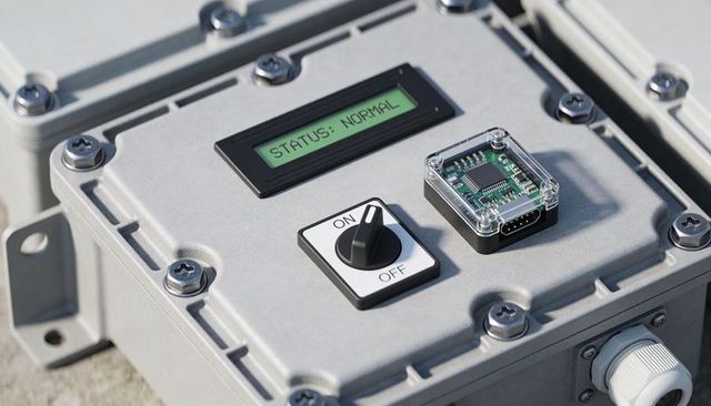 Rugged outdoor control enclosure with status normal lcd, rotary power switch, cable gland