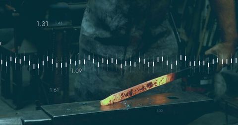 Blacksmith forging glowing steel bar on blacksmith anvil with waveform overlay, metalcraft