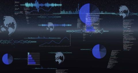 Futuristic digital hud dashboard displaying global data waveforms, graphs, code, neon teal