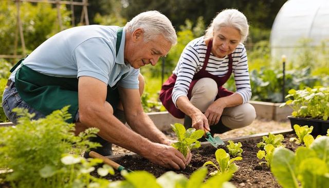 Senior couple planting vegetable seedlings in raised garden bed, enjoying outdoor gardening