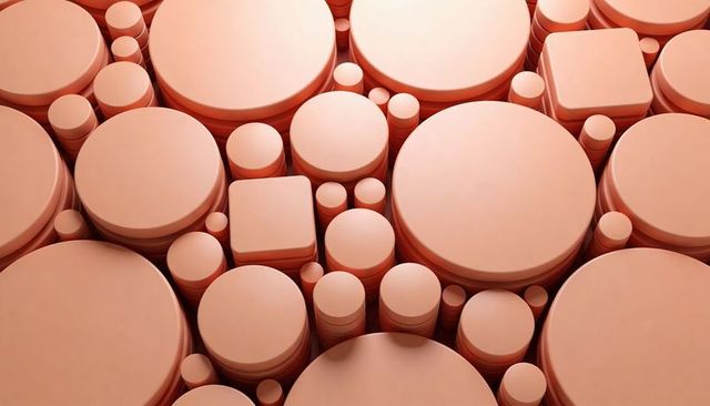 Matte peach stacked cylinders and square prisms abstract geometry minimal texture pattern