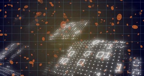 Moving neon binary grid with floating crypto tokens and glowing data platforms