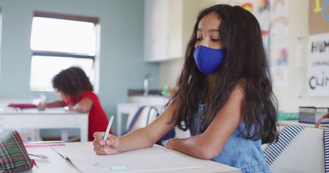 Schoolgirl Sneezing with Face Mask at Desk During Pandemic - Download Free Stock Images Pikwizard.com