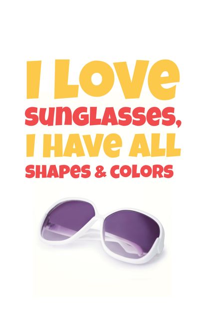 Stylish purple sunglasses with white frame presented below colorful, playful text. Ideal for fashion blogs, eyewear advertisements, or online stores highlights. Perfect for summer promotions, travel gear features, and style magazines emphasizing contemporary trends and accessories.