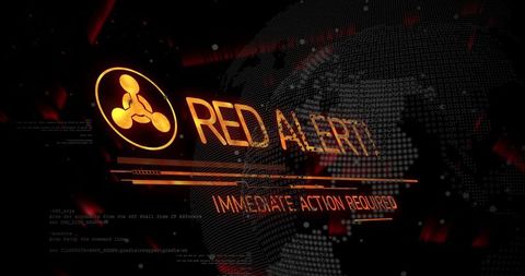 Displaying red alert on cyber hud with emblem and immediate action required neon interface