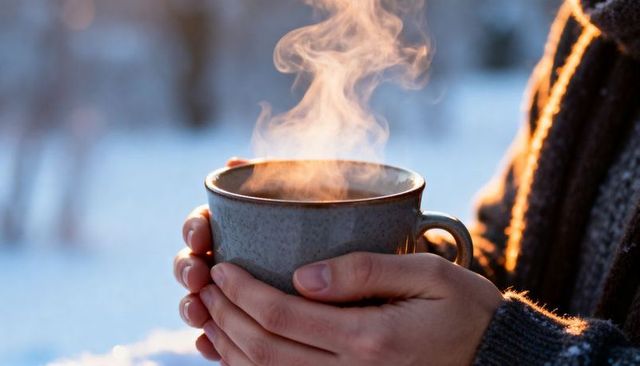 Cupping hands holding steaming ceramic mug in snowy park golden hour cozy winter comfort