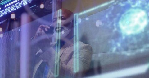 Business Professional Engaging with Futuristic Holographic Interface