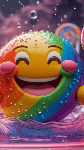 Vertical video showing rainbow emoji bubble bobbing on candy pool under falling droplets