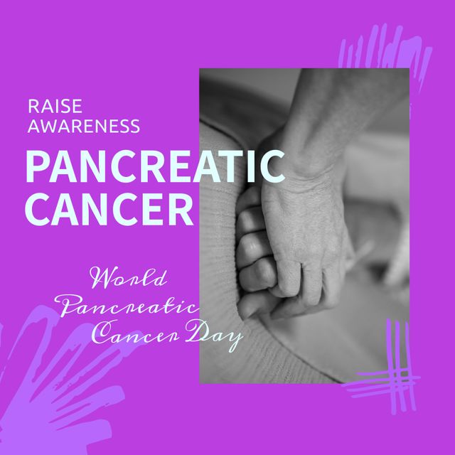 This image features promotional elements for World Pancreatic Cancer Day, emphasizing compassion and support through the visual of holding hands on a purple background. Ideal for health organizations, awareness campaigns, informational brochures, social media posts, charity events, and support group advertising.