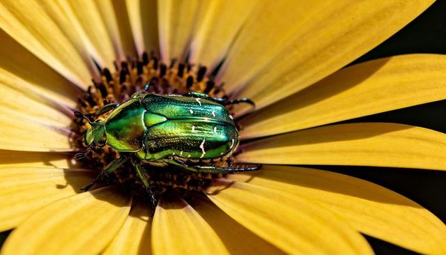Iridescent green beetle crawling on yellow daisy macro closeup, emerald scarab with pollen