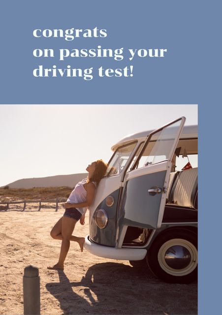 Ideal for congratulating someone on successfully passing their driving test. Can be used in greeting cards, social media posts, or congratulatory messages. Captures the essence of freedom and joy that comes with driving, set against a bright and breezy summer day with a camper van.