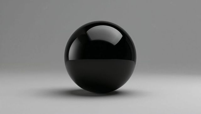 Glossy black sphere reflecting studio highlight on neutral gray background, minimal orb