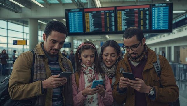 Friends using smartphones in airport departure hall for travel plans