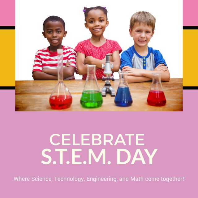 Diverse group of children engaging in science experiments with colorful beakers and a microscope, promoting the excitement of STEM education. Perfect for educational websites, promotional material for STEM events, school programs, and science fairs.