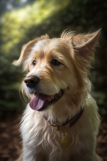 Golden retriever enjoying a sunny day in the forest, perfect for pet advertisements, outdoor activities promotion, and heartwarming pet-themed calendars or posters.