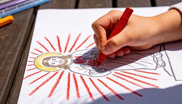 Child coloring sacred heart illustration with red wax crayon on sunlit wooden table