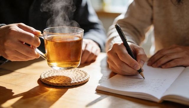 Steaming glass tea mug and handwriting notes on sunlit wooden table for cozy workspace
